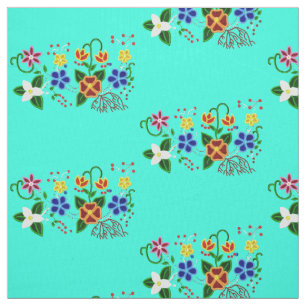 Ojibwe Floral Design with Turquoise Background  Fabric