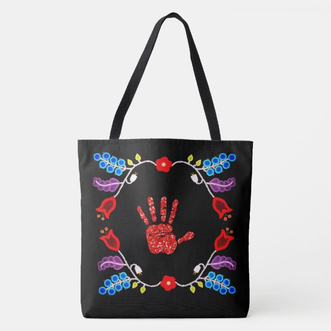 Ojibwe Floral Motif MMIW Black Tote Bag (Front)