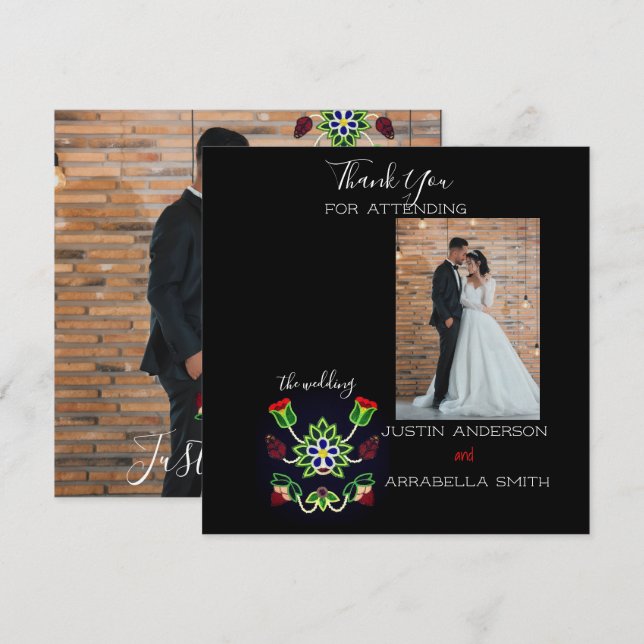 Ojibwe Floral Strawberry Black Thank You Wedding Card (Front/Back)