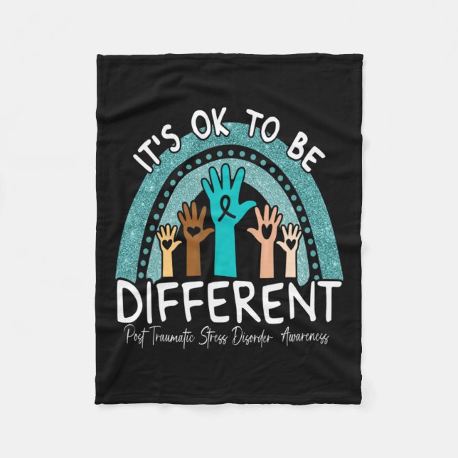 Ok Be Different Rainbow Teal Ribbon Warrior Ptsd A Fleece Blanket (Front)