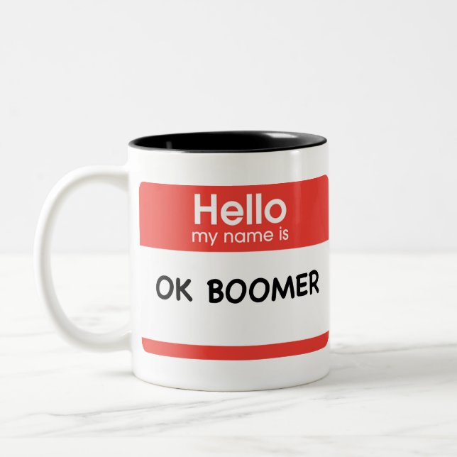 OK BOOMER (name tag) Two-Tone Coffee Mug (Left)