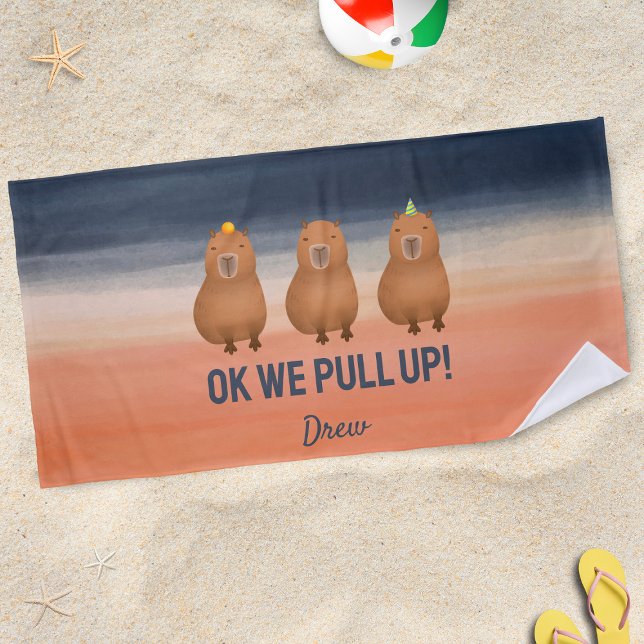 "Ok We Pull Up!" Funny Capybara Meme Personalised Beach Towel (Funny capybaras on the beach)