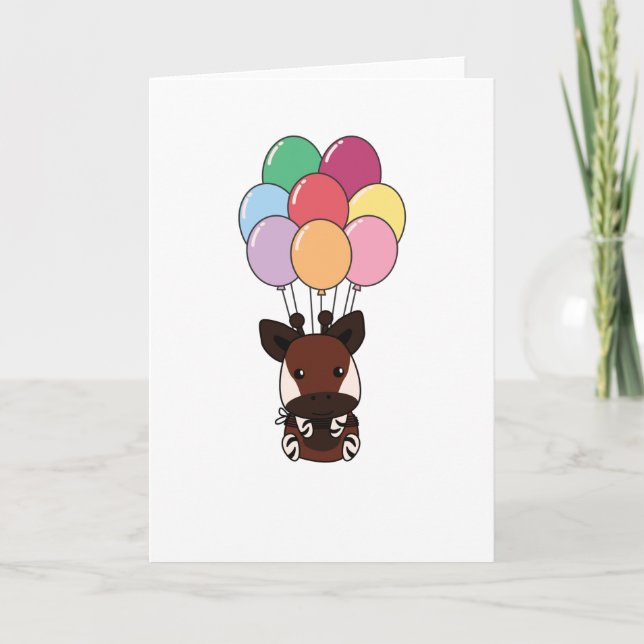 Okapi Flies Up With Colourful Balloons Card (Front)