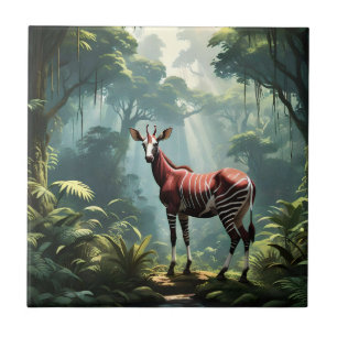 Okapi In The Rainforest, (Zebra Giraffe) Ceramic Tile