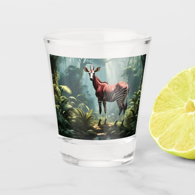 Okapi In The Rainforest, (Zebra Giraffe) Shot Glass (Front)