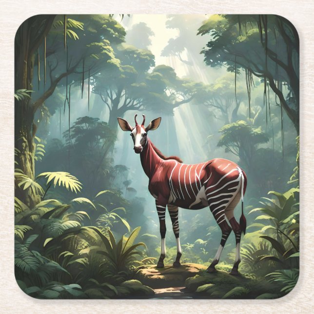 Okapi In The Rainforest, (Zebra Giraffe) Square Paper Coaster (Front)