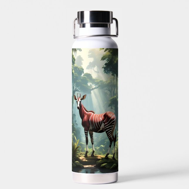 Okapi In The Rainforest, (Zebra Giraffe) Water Bottle (Back)