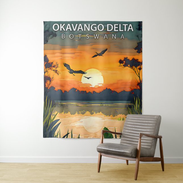 Okavango Delta – Retro Travel Poster of Botswana Tapestry (In Situ)