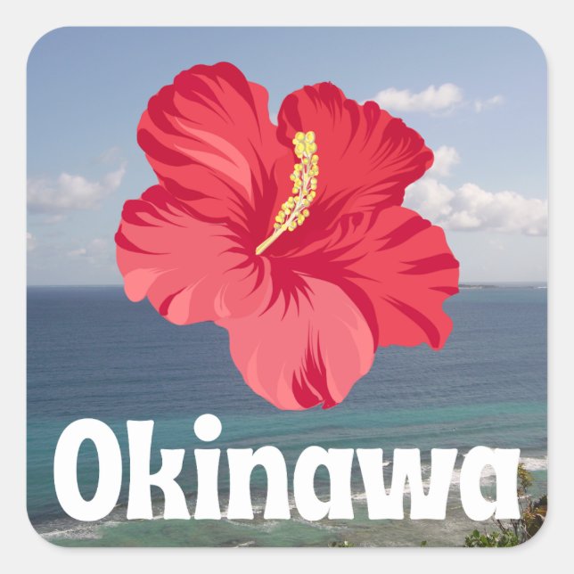 Okinawa Scenic View & Hibiscus Poster Square Sticker (Front)