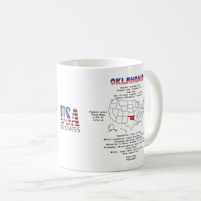 Oklahoma American state on a map and useful info Coffee Mug (Front Right)