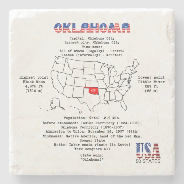 Oklahoma American state on a map and useful info Stone Coaster (Front)