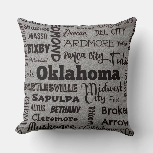 Oklahoma cities throw pillow in grey/black (Front)