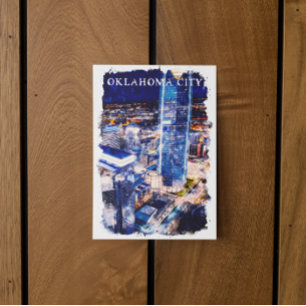 Oklahoma City Night View Watercolor Postcard