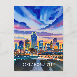 Oklahoma City Night Watercolor Postcard