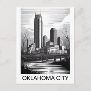 Oklahoma City Oklahoma Skyline Black White Woodcut Holiday Postcard