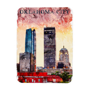 Oklahoma City Watercolor Skyline Painting Magnet
