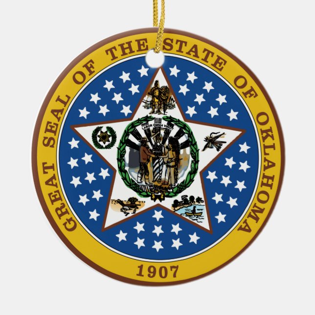 Oklahoma Great Seal Ceramic Tree Decoration (Front)
