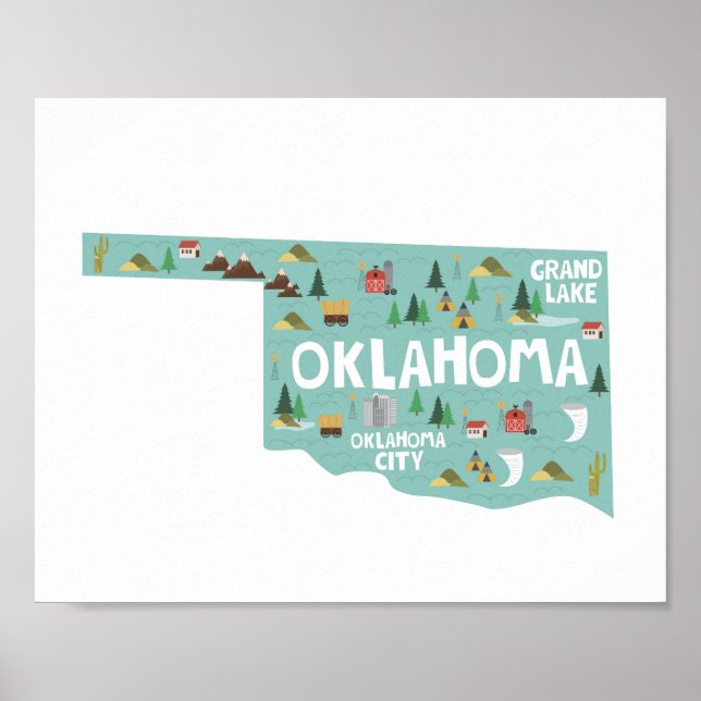 Oklahoma Icon Landmarks Map Poster (Front)