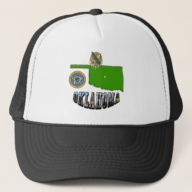 Oklahoma Map Outline, Seal, and Picture Text Trucker Hat (Front)