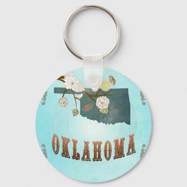 Oklahoma Map With Lovely Birds Key Ring (Front)