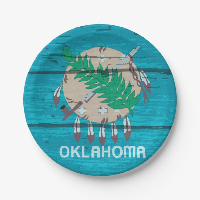 Oklahoma State Flag On Old Timber Paper Plate (Front)