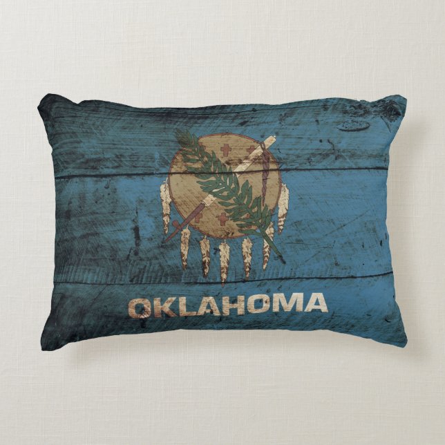 Oklahoma State Flag on Old Wood Grain Decorative Cushion (Front)