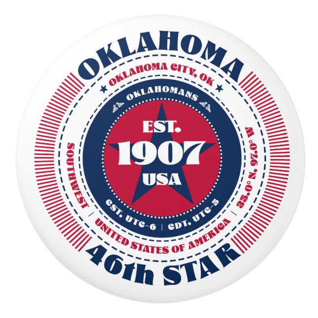 Oklahoma US State Red White Blue Typography Ceramic Knob (Front)