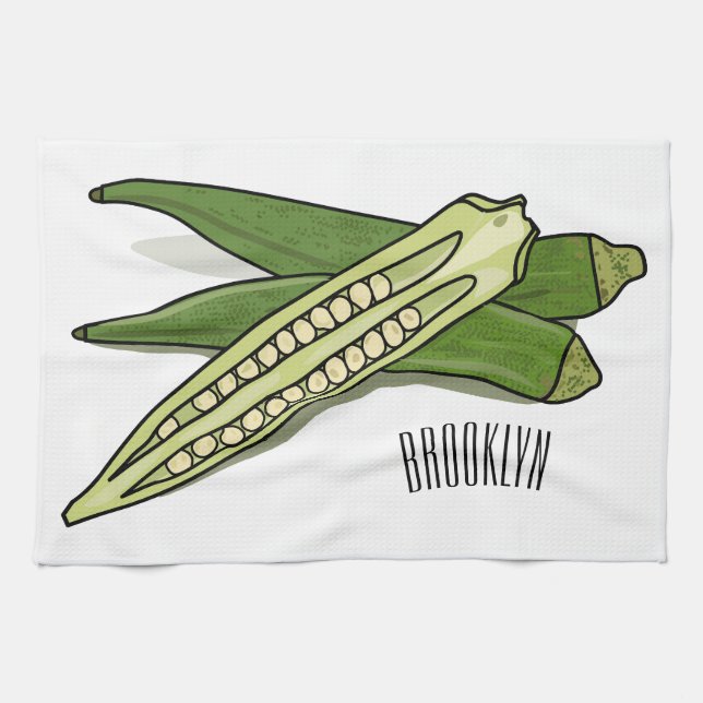Okra cartoon illustration tea towel (Horizontal)