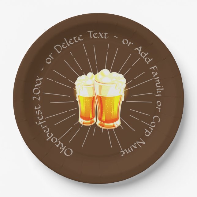 Oktoberfest 20xx Beer Glasses Brown Sunburst 9"  Paper Plate (Front)