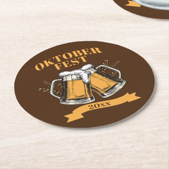 Oktoberfest 20xx Year Steins Brown Beer Party    Round Paper Coaster (Angled)