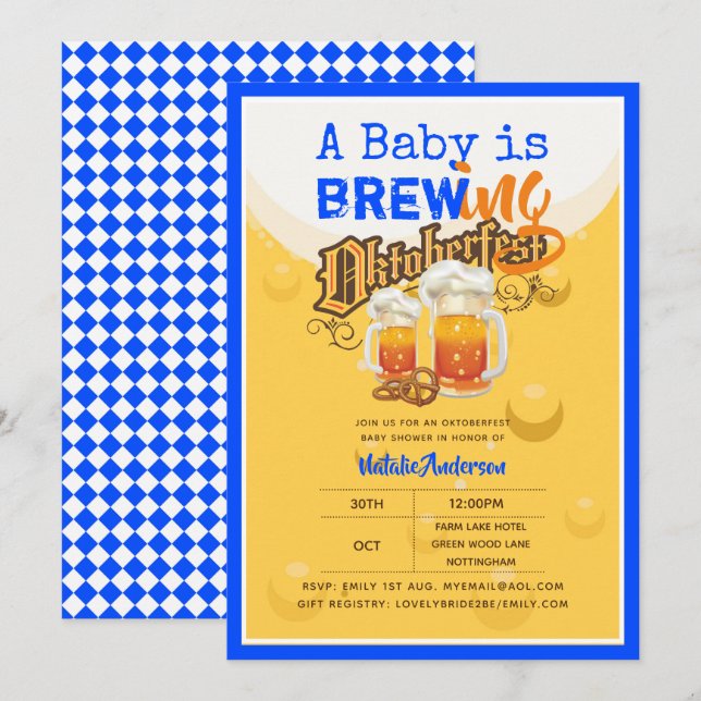 Oktoberfest Baby Shower Baby Is Brewing BEER PRETZ Invitation (Front/Back)