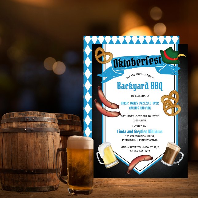 Oktoberfest Bavarian Beer Backyard BBQ Party Invitation (Oktoberfest Bavarian Beer Chalkboard Design Backyard BBQ Party Invitation)