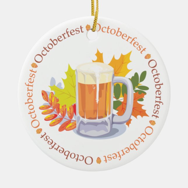 Oktoberfest Beer and Autumn Leaves Ceramic Ornament (Front)