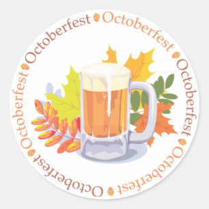 Oktoberfest Beer and Autumn Leaves Classic Round Sticker