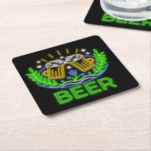 Oktoberfest Beer Festival Neon on Black  Square Paper Coaster