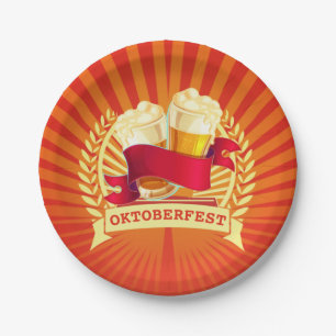 Oktoberfest Beer Glasses on Red Gold Sunburst 7" Paper Plate