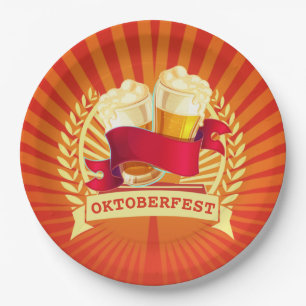 Oktoberfest Beer Glasses on Red Gold Sunburst 9" Paper Plate