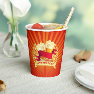 Oktoberfest Beer Glasses on Red Gold Sunburst Paper Cups