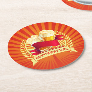 Oktoberfest Beer Glasses on Red Gold Sunburst  Round Paper Coaster