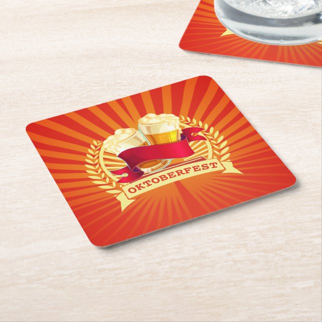 Oktoberfest Beer Glasses on Red Gold Sunburst   Square Paper Coaster (Angled)
