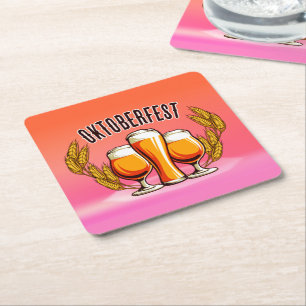 Oktoberfest Beer Ladies Glasses on Pink Pastel  Square Paper Coaster
