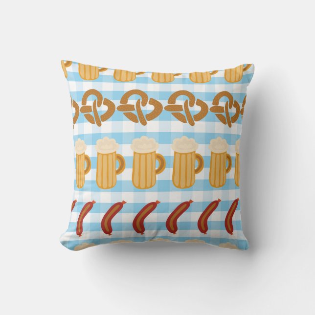 Oktoberfest: beer, pretzel, sausage pattern cushion (Front)