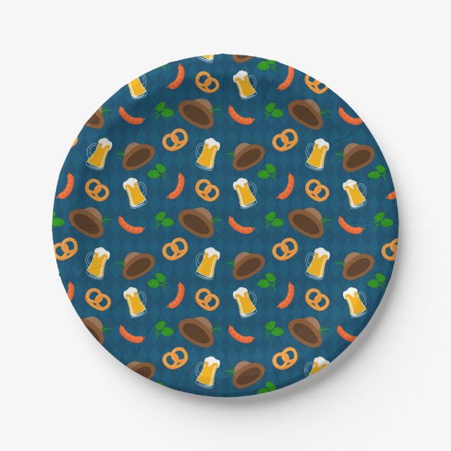 Oktoberfest Beer, Pretzel & Sausage Pattern  Paper Plate (Front)