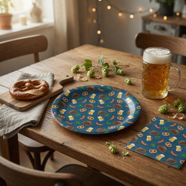 Oktoberfest Beer, Pretzel & Sausage Pattern  Paper Plate (Creator Uploaded)