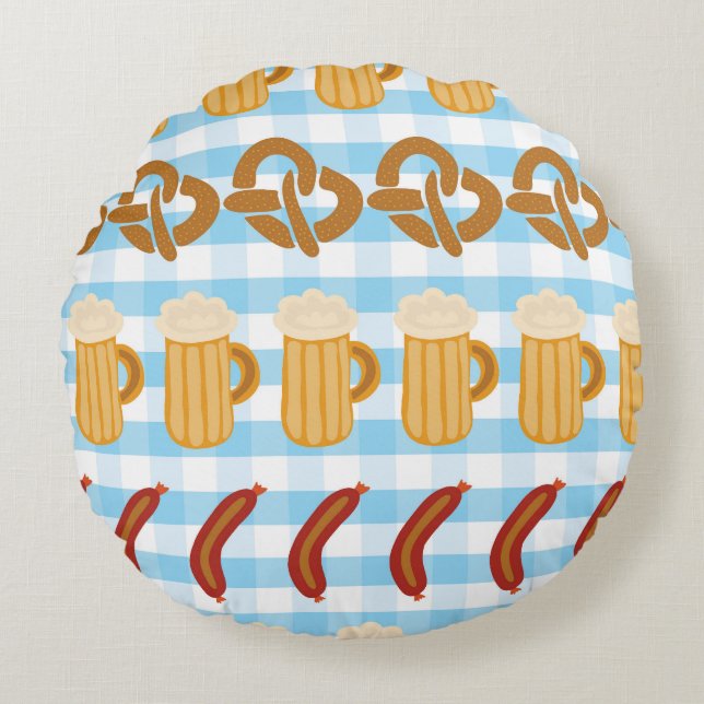 Oktoberfest: beer, pretzel, sausage pattern round cushion (Front)