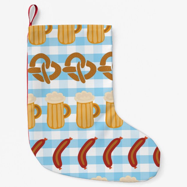 Oktoberfest: beer, pretzel, sausage pattern small christmas stocking (Front)