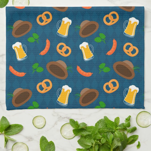 Oktoberfest Beer, Pretzels & Sausages Bavarian  Tea Towel (Folded)
