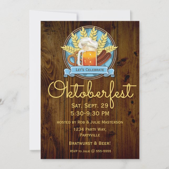 Oktoberfest Beer Sausage Pretzel Logo, bavarian Invitation (Front)