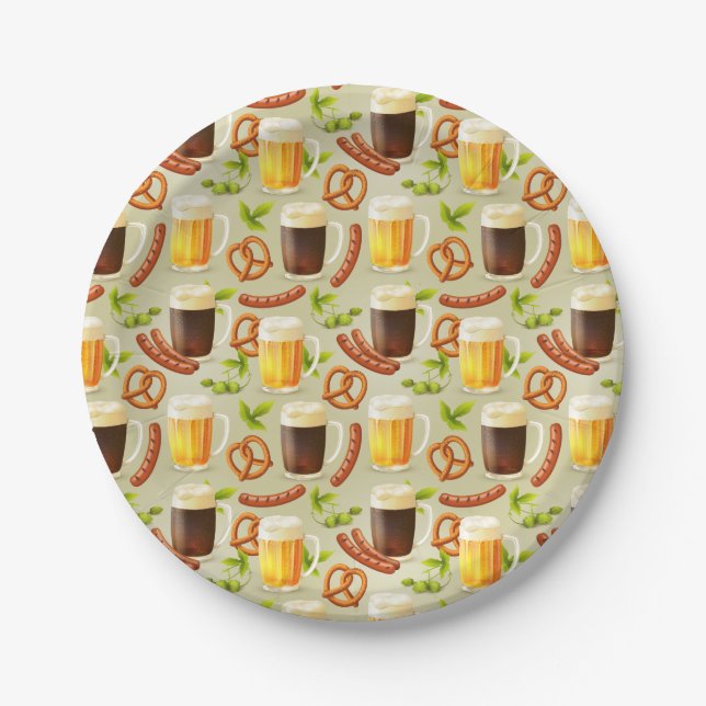Oktoberfest Beer, sausage, Pretzel Paper Plate (Front)