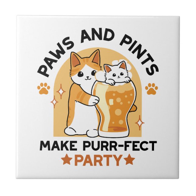 Oktoberfest Cat Party Paws and Pints Ceramic Tile (Front)